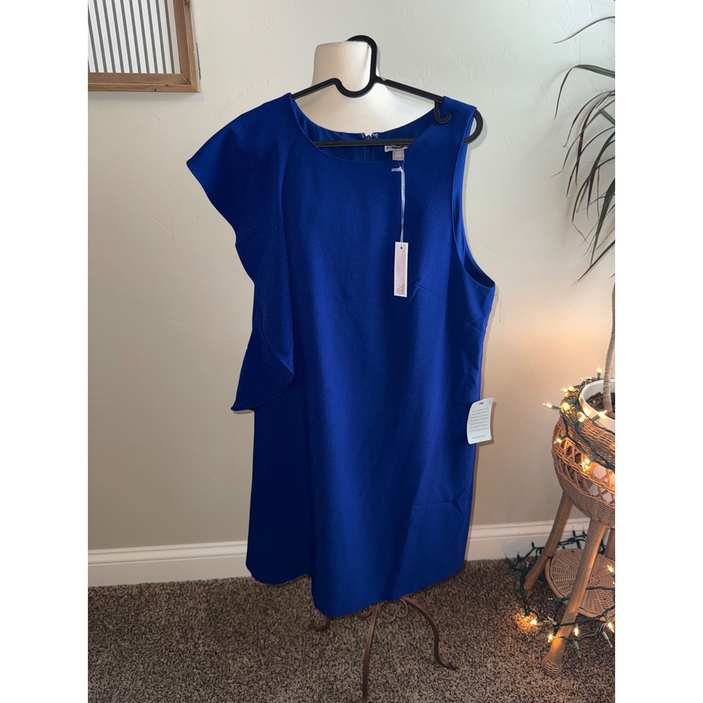 Chelsea 28 Royal Blue Asymmetrical‎ Ruffle Shift Dress Size 16W